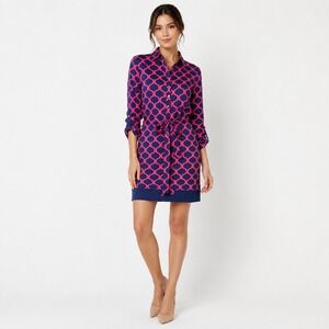 JM Collection Shirt Dress 0P Pink Blue Geometric Print Belted Roll Preppy